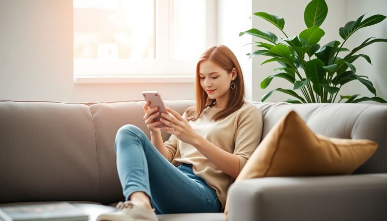 Femme qui lis un article sur telephone plante verte a coté d'elle