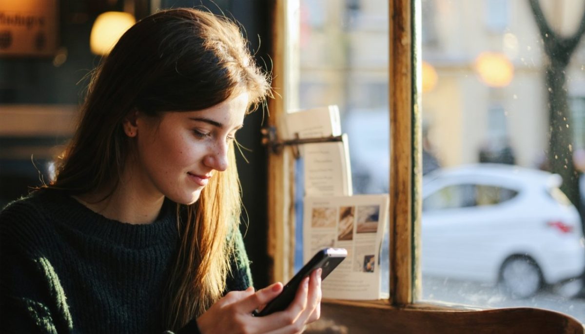 Femme qui lis un article sur telephone