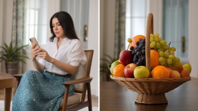 Image divisée en deux : à droite, une paniere de fruit au premier plan ; à gauche, une femme lisant sur son smartphone