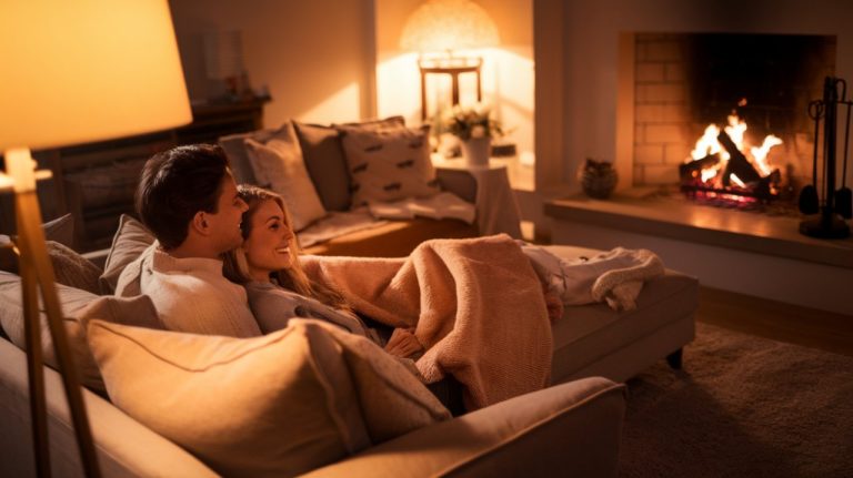 Couple au chaud devant télé dans le salon