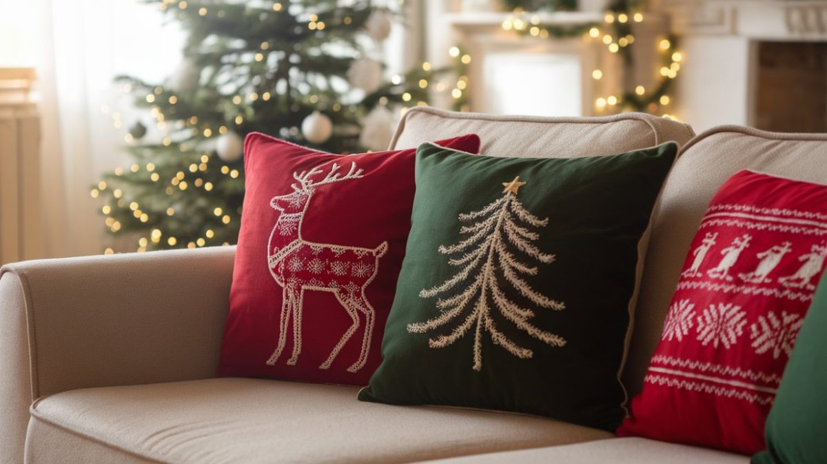 Coussins de Noël : Ajoutez une touche festive à votre salon avec des motifs de rennes et sapins brodés