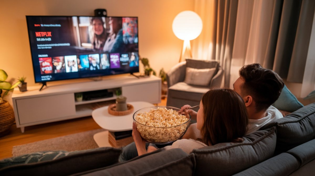 Couple devant la télé, regarde Netflix, mange pop corn