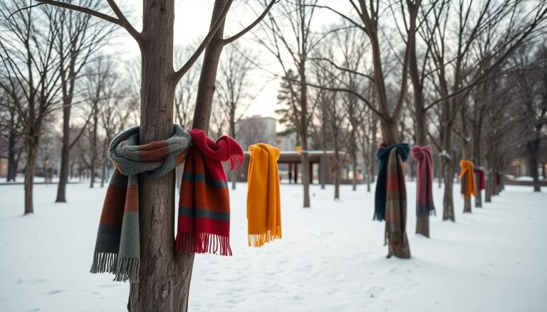 Écharpes autour des arbres en hiver : le geste solidaire qui réchauffe les cœurs