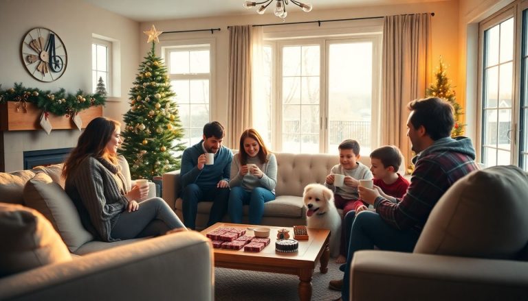 Famille dans un salon lumineux en hiver
