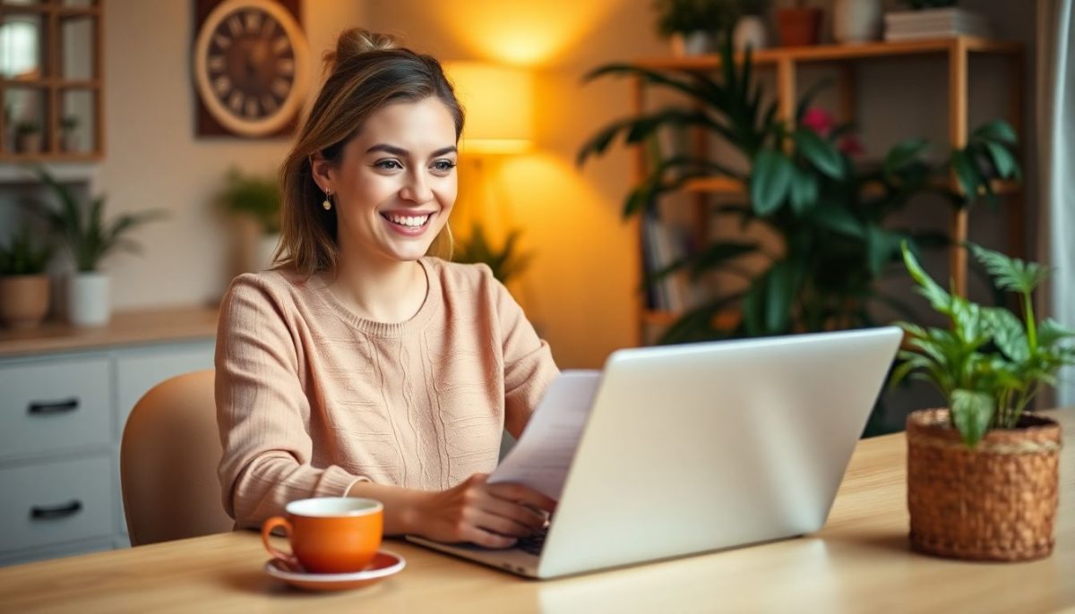 Femme à la maison declaration impot ordi sourire