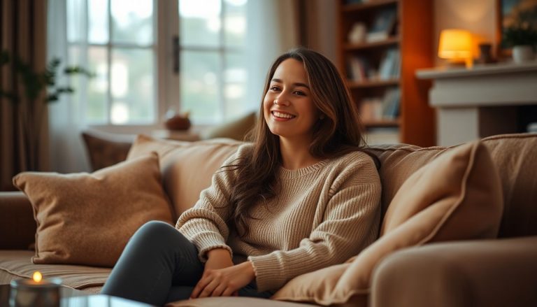 Femme confort salon sourire