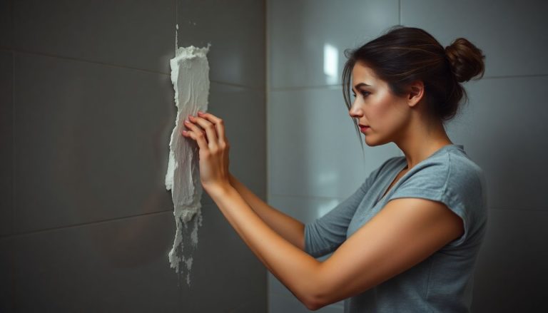 Femme enduit mur salle de bain