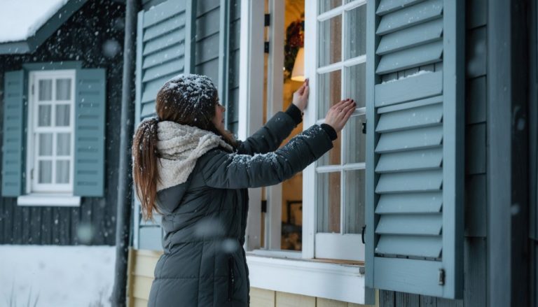 Femme ferme volet maison hiver