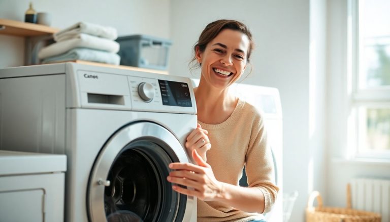 femme lave linge machine sourire