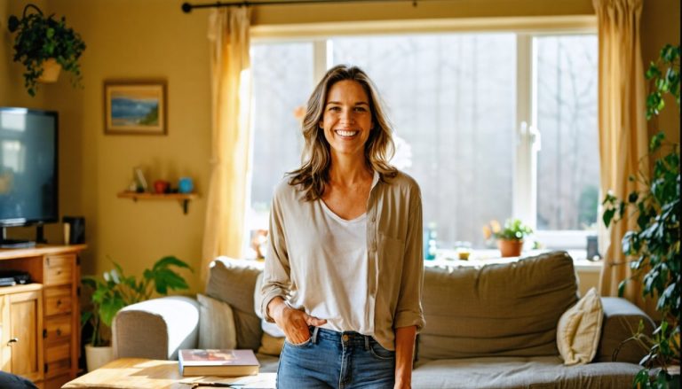femme maison sourire dans le salon