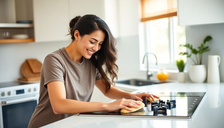 femme nettoie plaque de cuisson cuisine