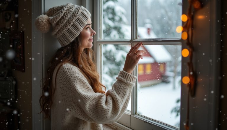 femme ouvre ses fenetre maison en hiver