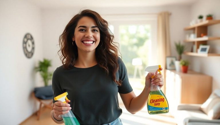 Femme qui fait le ménage avec le sourire produit en main