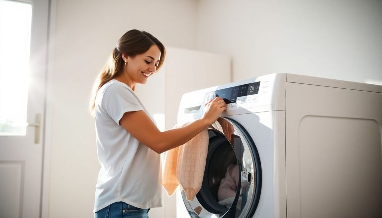 Femme qui met son linge dans machine a laver