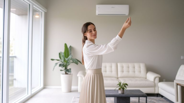 Femme qui regle son climatiseur maison
