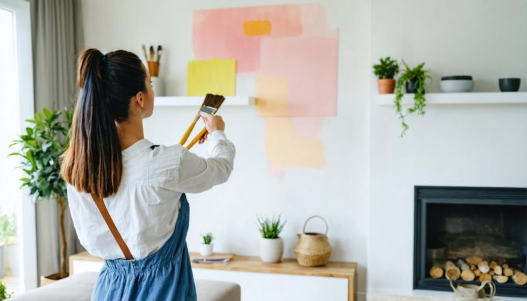 Femme qui repeind mur de sa maison interieur deco