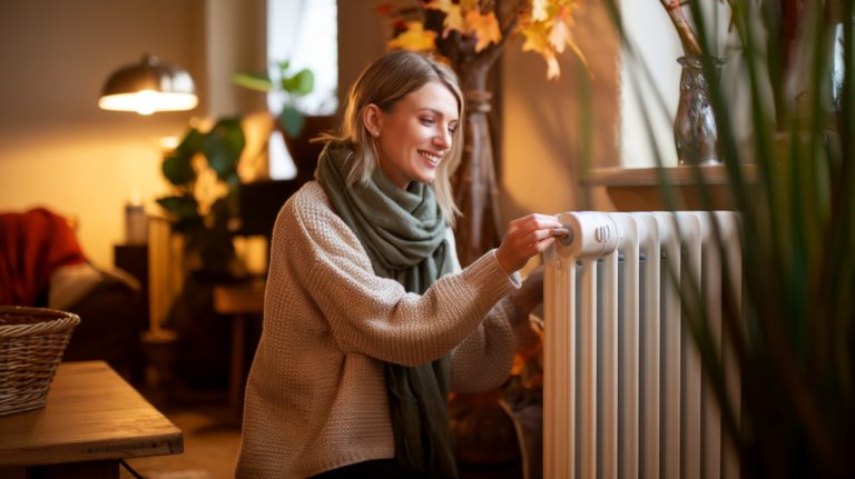 Femme regle chauffage radiateur maison sourire