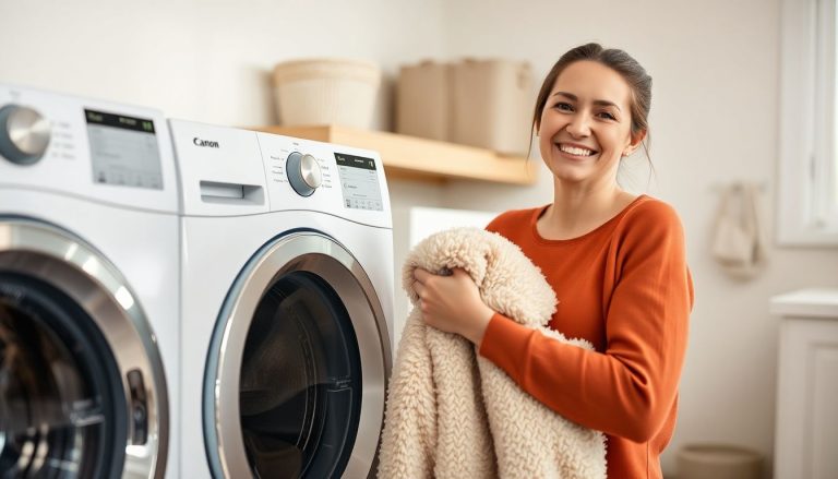 femme sourire couette machine a laver