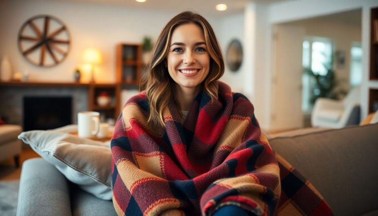 Femme sourire dans plaid salon