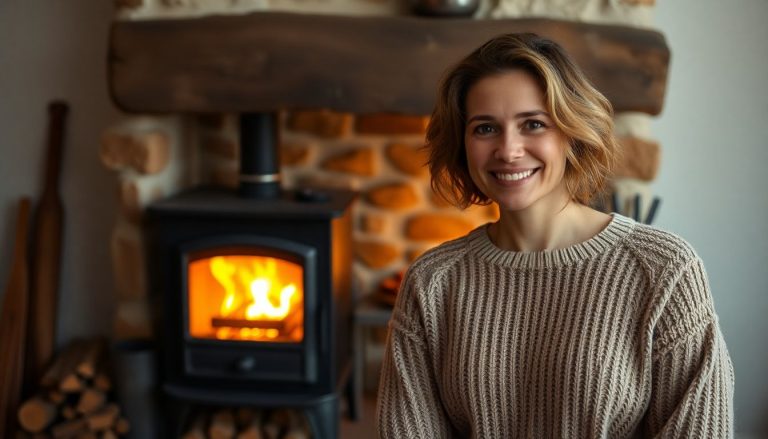 femme sourire devant poeole a bois