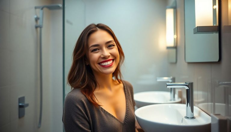 Femme sourire devant un robinet qui brille salle de bain
