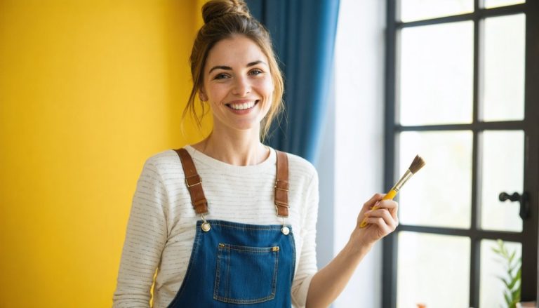 femme sourire repeindre son mur salon