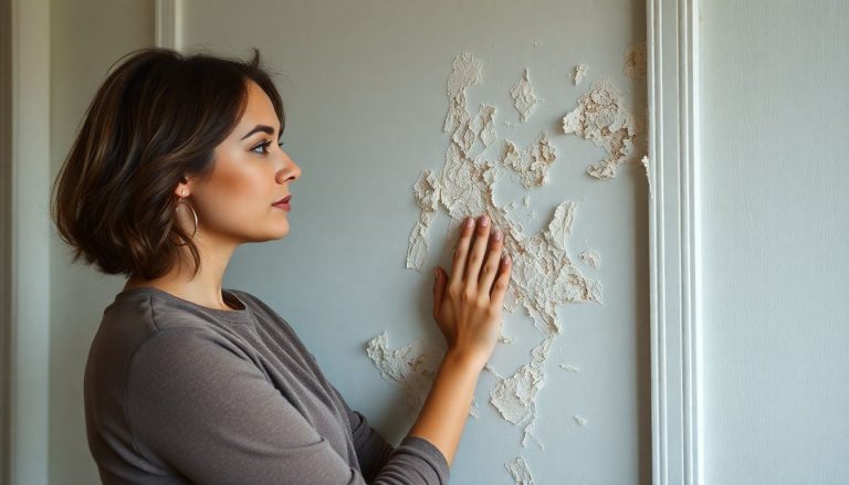 Femme touche et regarde son mur qui s'écaille