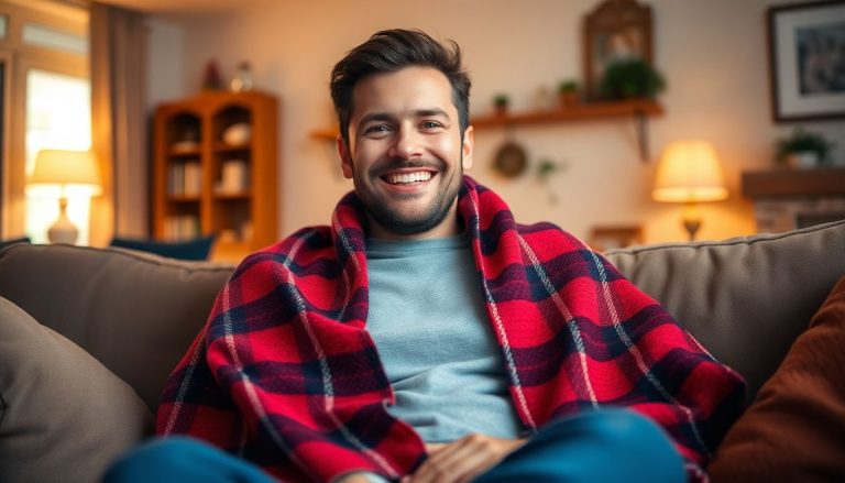 homme dans un jolie plaid rouge sourire salon