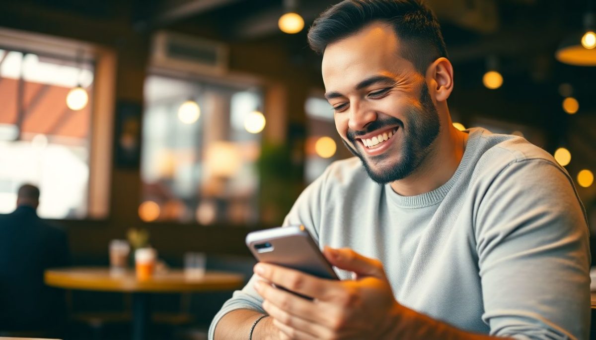 homme sourire qui lis un article sur telephone