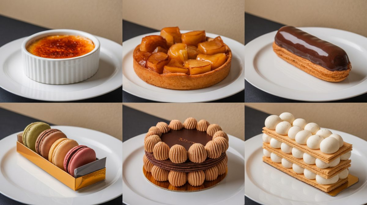 Image diviser en 6, rajoute le chiffre dans les coins, 1 Creme-Brulee 2Tarte-Tatin 3Eclair-au-Chocolat 4Macarons 5Opera 6Mille-Feuille