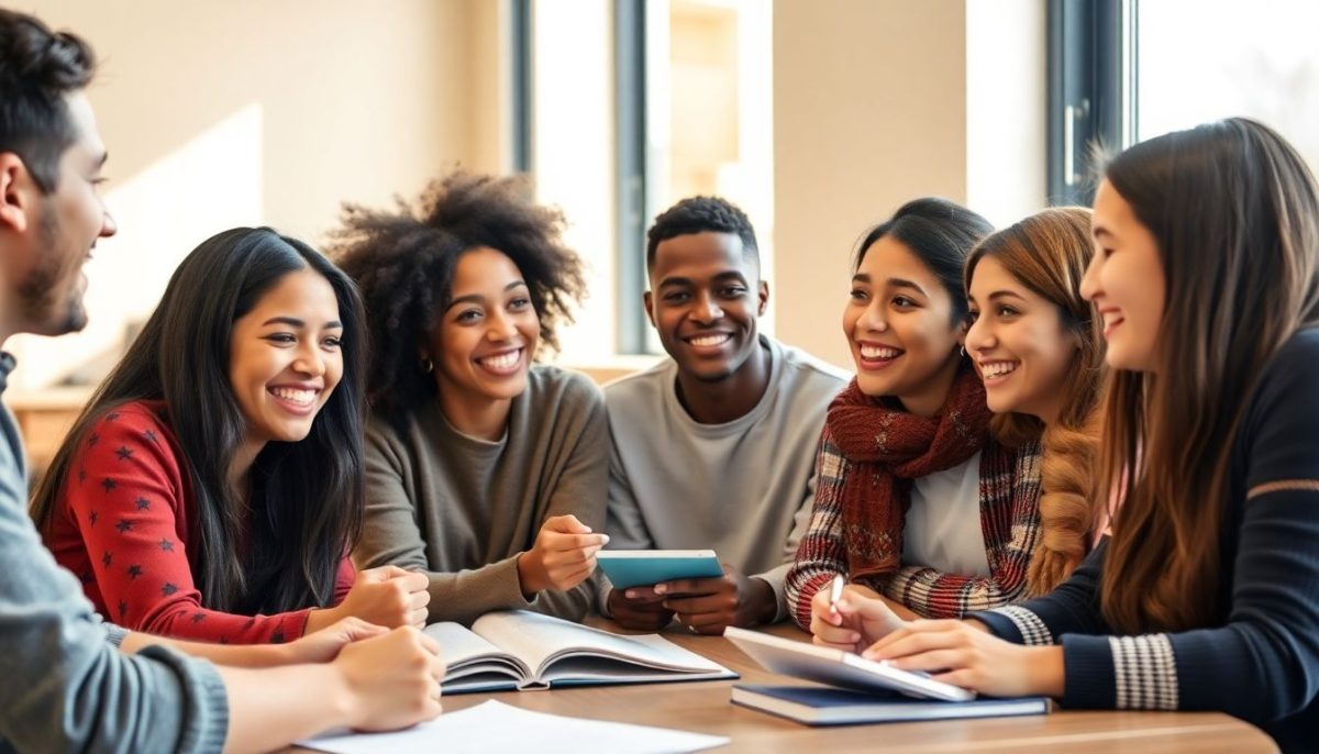 L'image montre un groupe de jeunes adultes de diverses ethnies, souriants et engagés autour d'une table, probablement en pleine discussion éducative