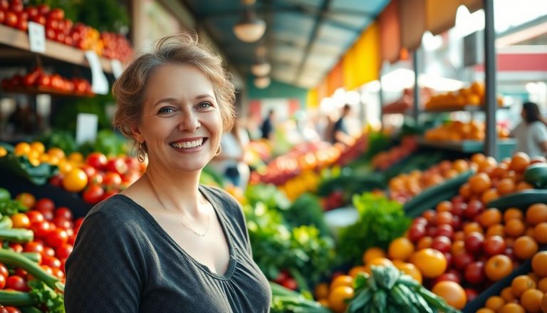 marché fruit et legumes femme sourire