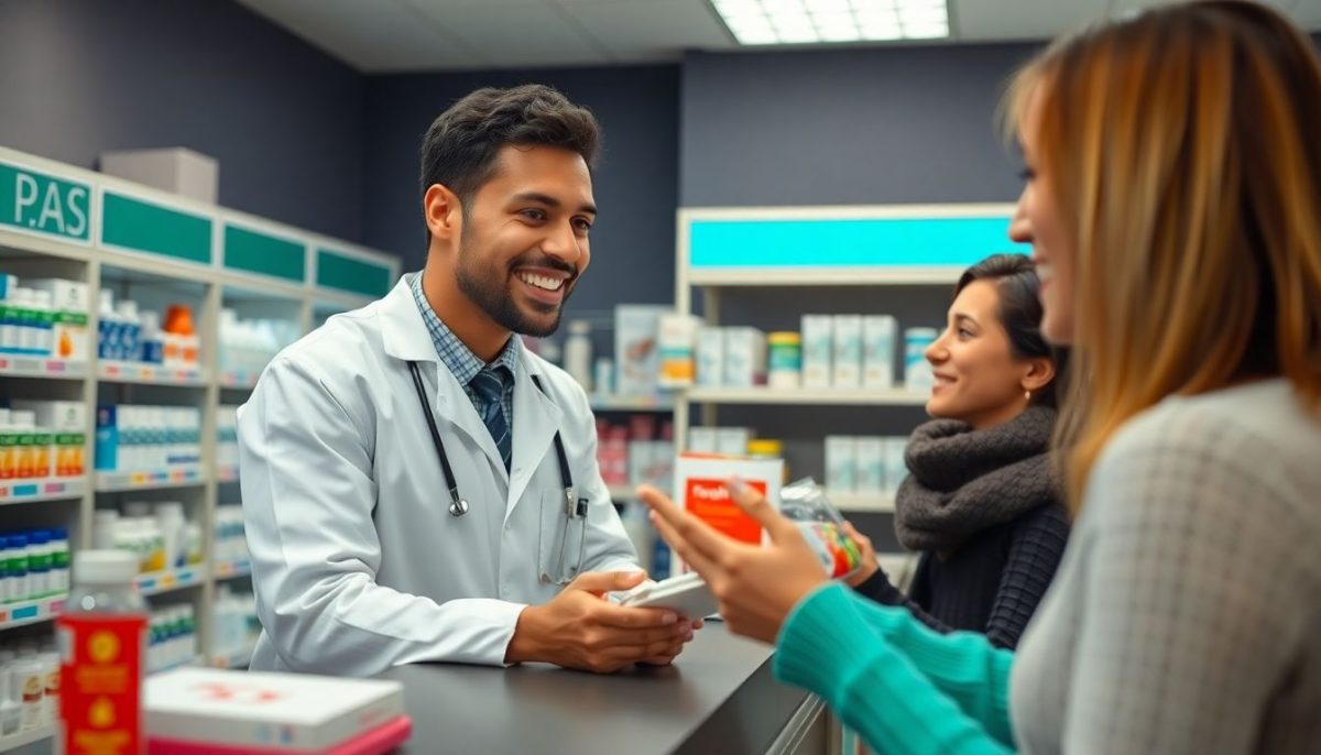 Pharmacien qui discute avec sa cliente tout sourire