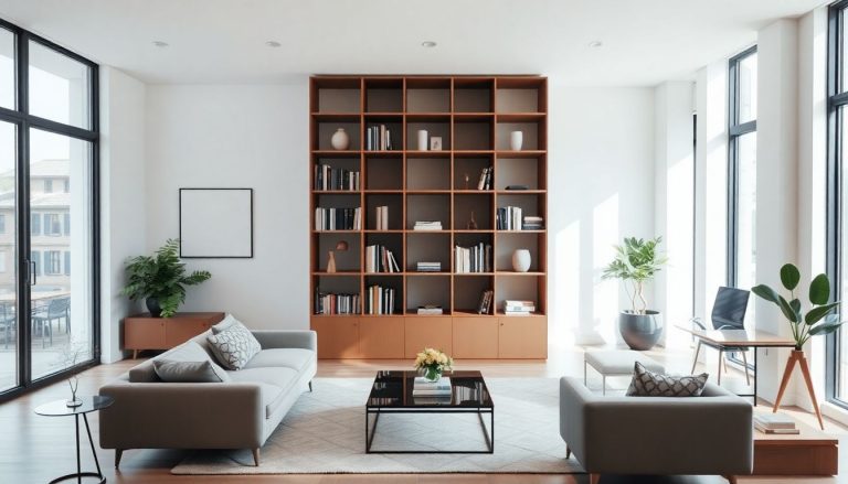 piece separé en 2 par une étagere design