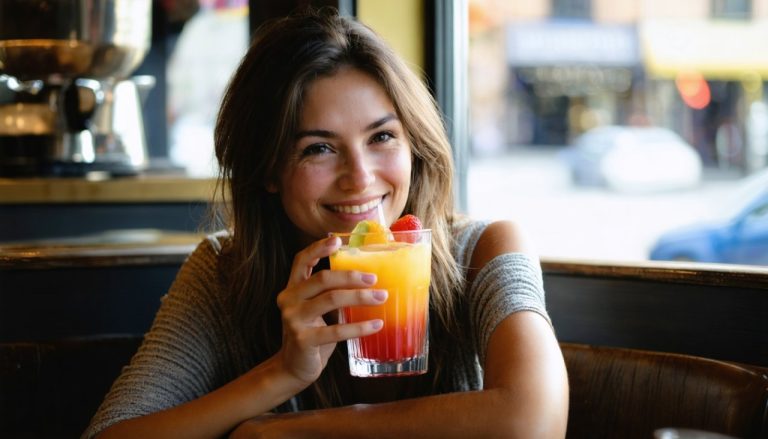 Femme qui boit un jus de fruit