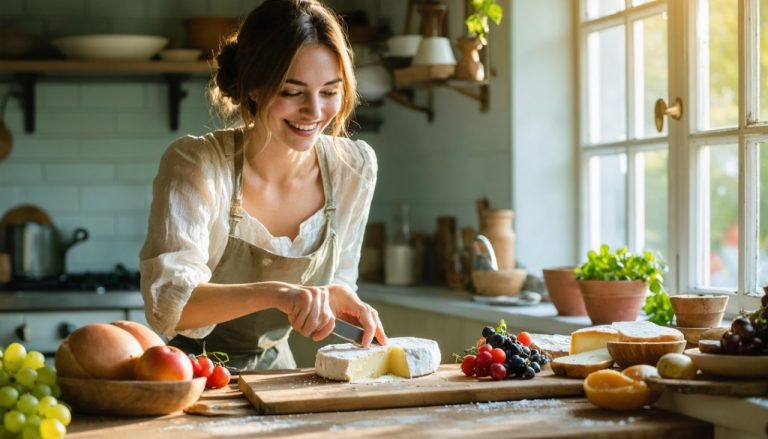 Femme qui mange un camembert