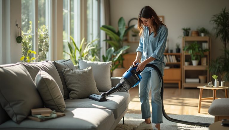 Femme qui nettoie son canapé