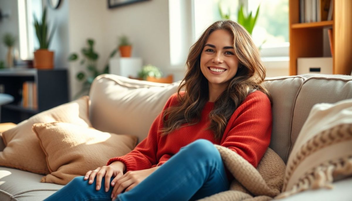 Femme sourire dans son canapé
