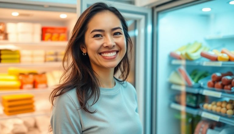 Femme sourire devant congélateur