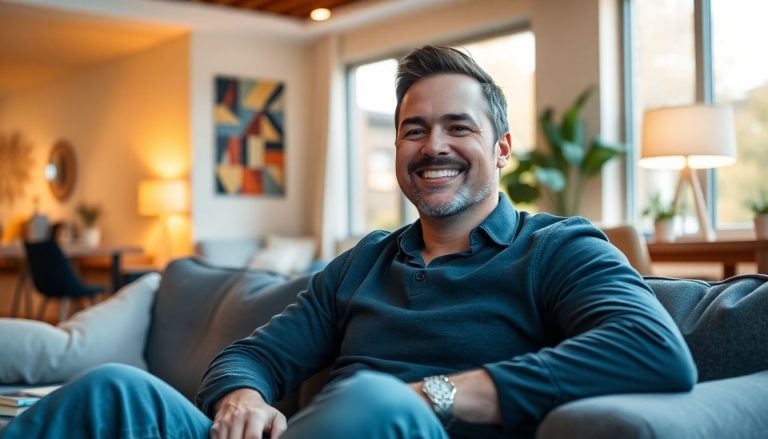 homme dans le salon sourire