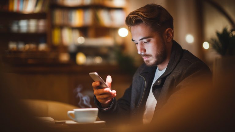 homme qui lis un article sur telephone