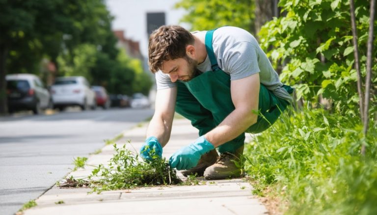 Homme qui nettoie mauvaise herber trotoir