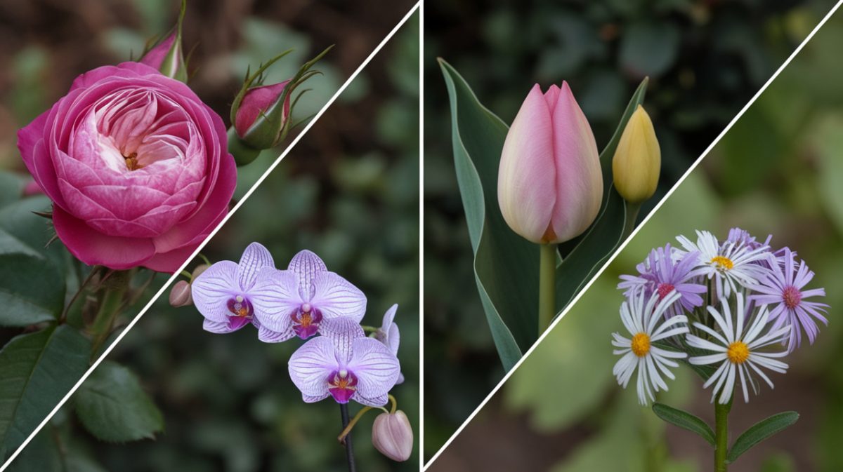 Une image design divisée en 4 : rose, tulipe, orchidée, aster