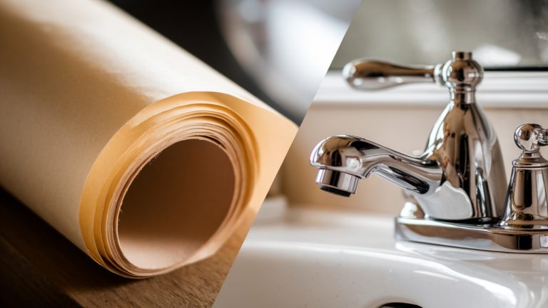 Une image design divisée en deux : un rouleau de papier cuisson, à droite, un robinet qui brille