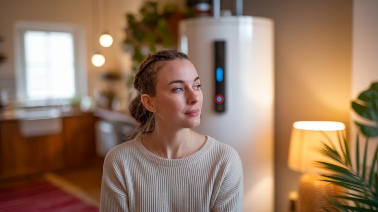 femme devant son chauffe eau
