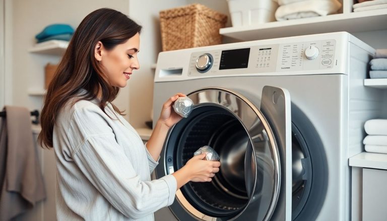Femme met une petite boule d'alu dans sa machine a laver