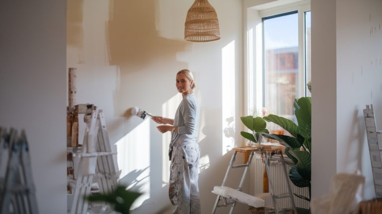 femme peind mur blanc interieur deco