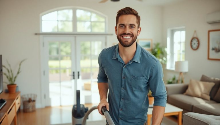 Homme qui fait menage sourire