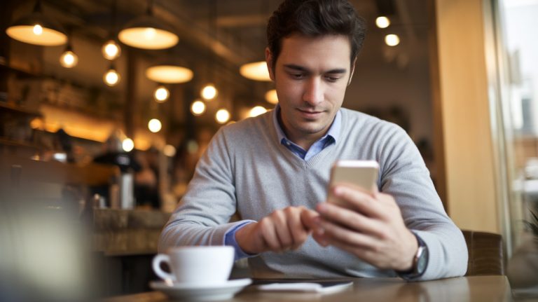 homme qui lis un article sur telephone