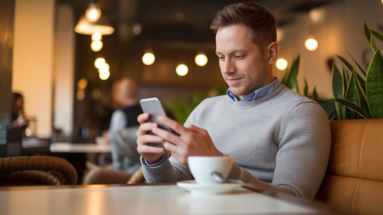 homme qui lis un article sur telephone